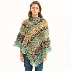 Boho Knitted Tassel Shawl Geometric Block Scarf
