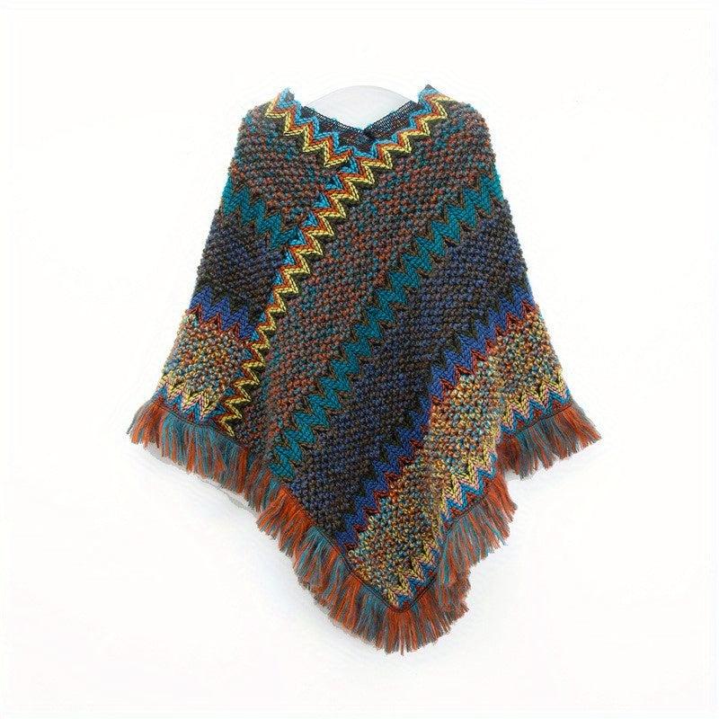 Boho Knitted Tassel Shawl Geometric Block Scarf