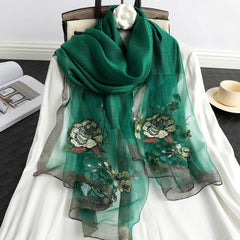 Colorful Flower Embroidery Silk Scarf Windproof Wrap