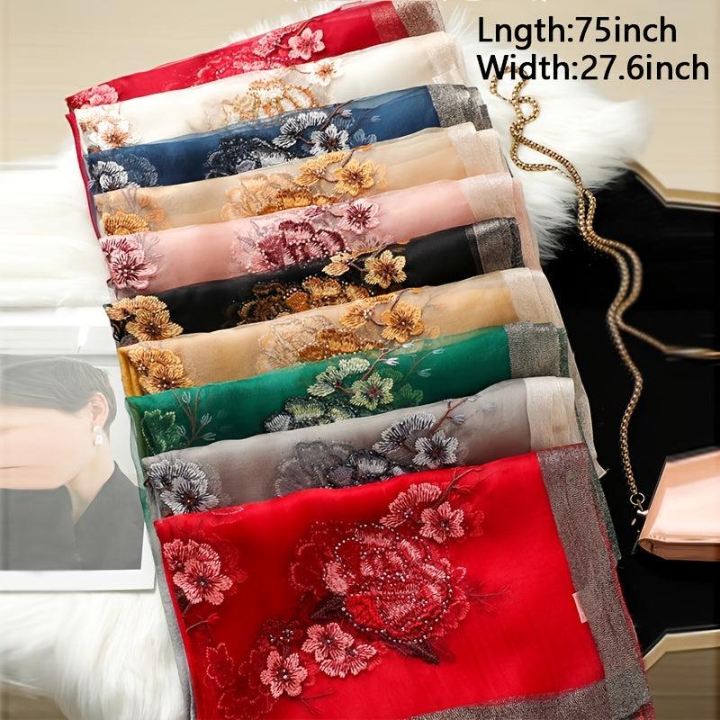 Colorful Flower Embroidery Silk Scarf Windproof Wrap