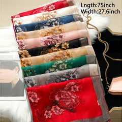 Colorful Flower Embroidery Silk Scarf Windproof Wrap
