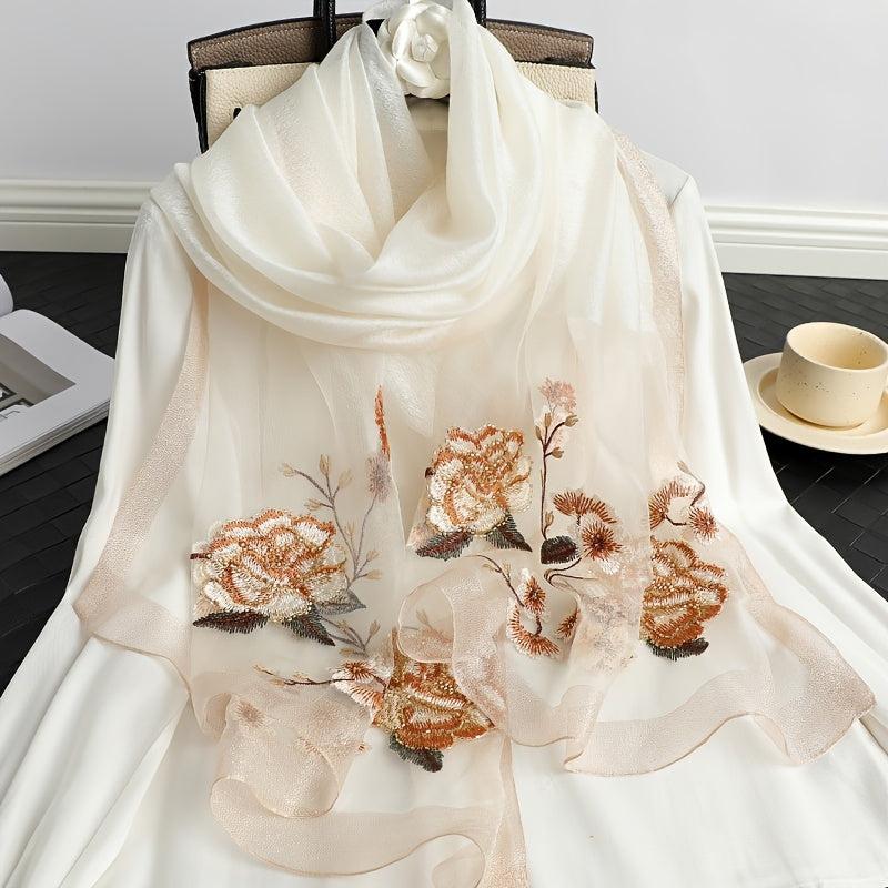 Colorful Flower Embroidery Silk Scarf Windproof Wrap