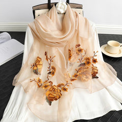 Colorful Flower Embroidery Silk Scarf Windproof Wrap