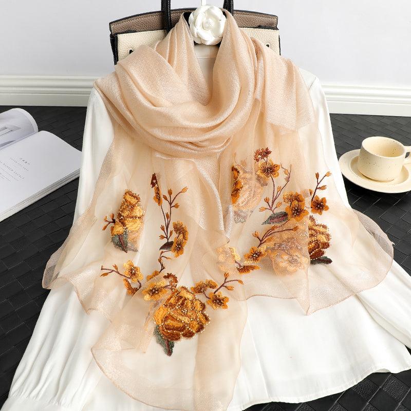 Colorful Flower Embroidery Silk Scarf Windproof Wrap