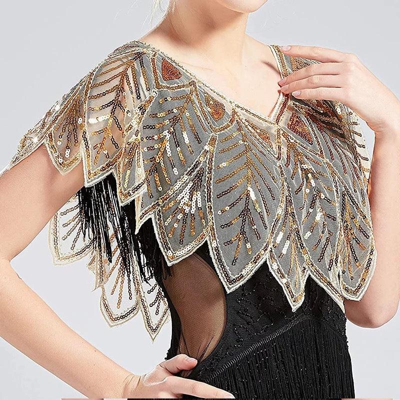 Sequins Leaf Lace Shawl Vintage Beaded Evening Cape Bridal Women Dress
