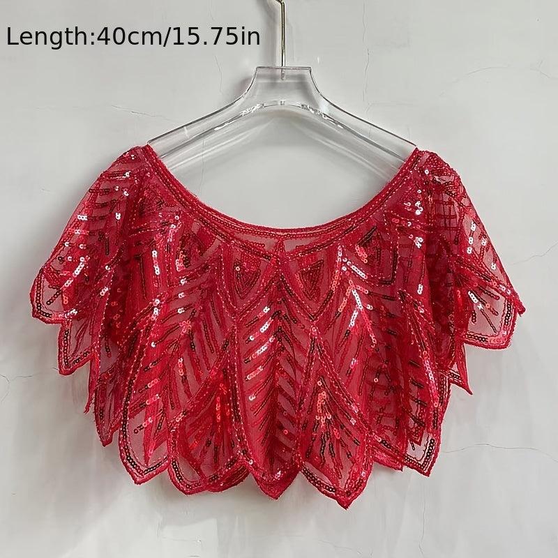 Sequins Leaf Lace Shawl Vintage Beaded Evening Cape Bridal Women Dress