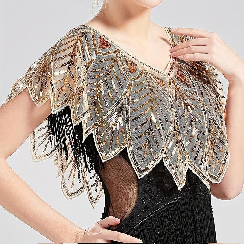 Sequins Leaf Lace Shawl Vintage Beaded Evening Cape Bridal Women Dress