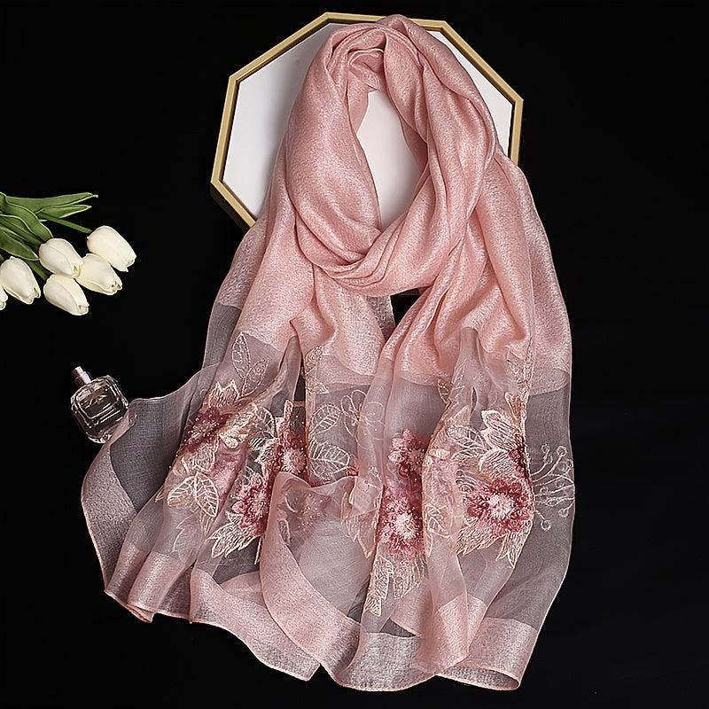 Colorful Silk Scarf Flower Embroidery Women's Wrap