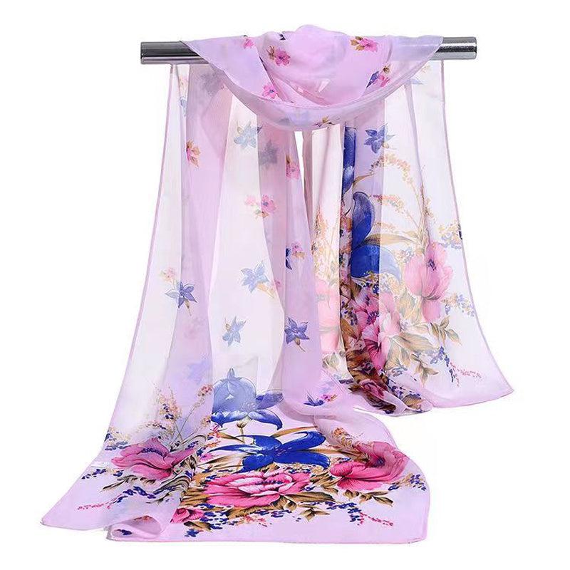 Flower Print Silk Scarf Beach Sunscreen Chiffon Wrap Women Hair Accessory