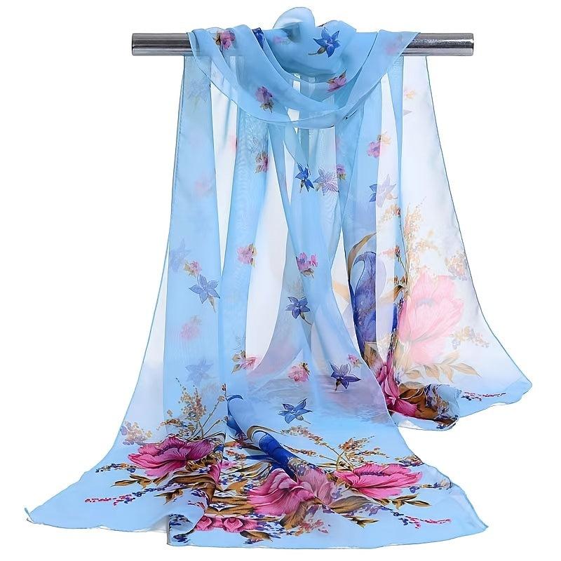 Flower Print Silk Scarf Beach Sunscreen Chiffon Wrap Women Hair Accessory