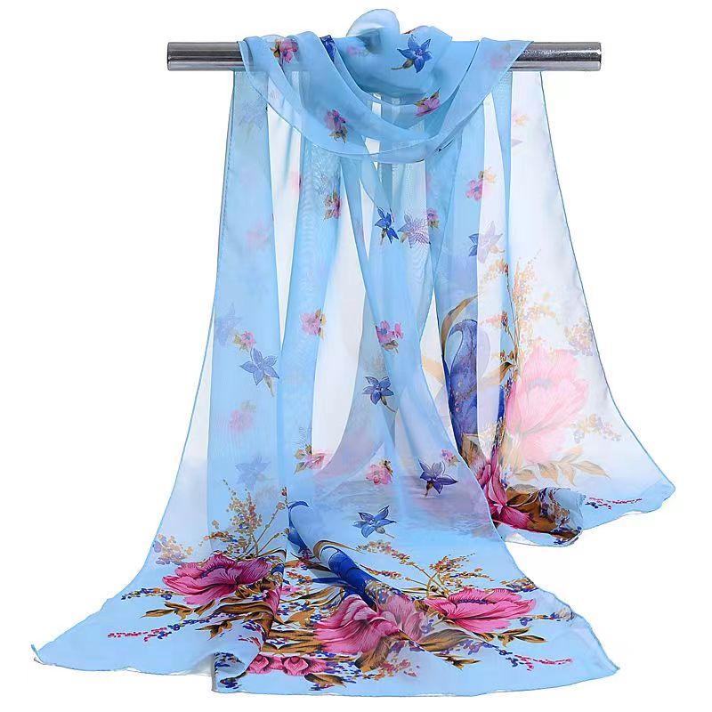 Flower Print Silk Scarf Beach Sunscreen Chiffon Wrap Women Hair Accessory