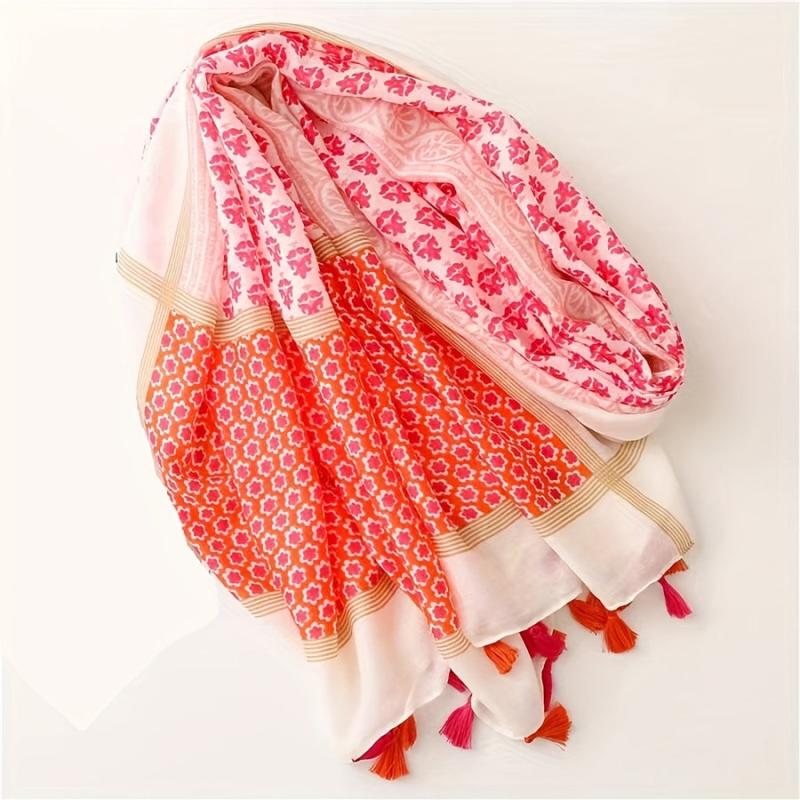 Floral Printed Fringed Shawl Scarf Lightweight Travel Beach Towel