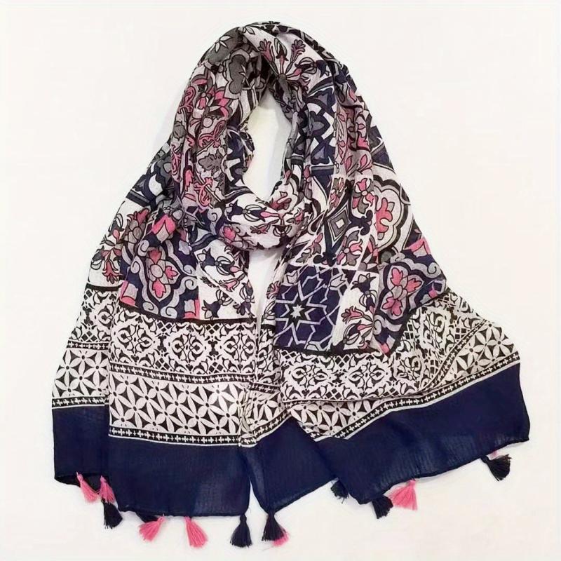 Boho Tassel Scarf Vintage Flower Print Shawl