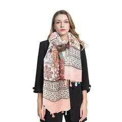 Boho Tassel Scarf Vintage Flower Print Shawl