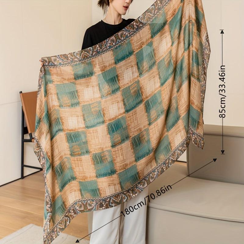 Vintage Plaid Print Scarf Large Shawl Boho Paisley Print Cape