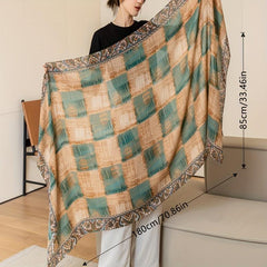Vintage Plaid Print Scarf Large Shawl Boho Paisley Print Cape