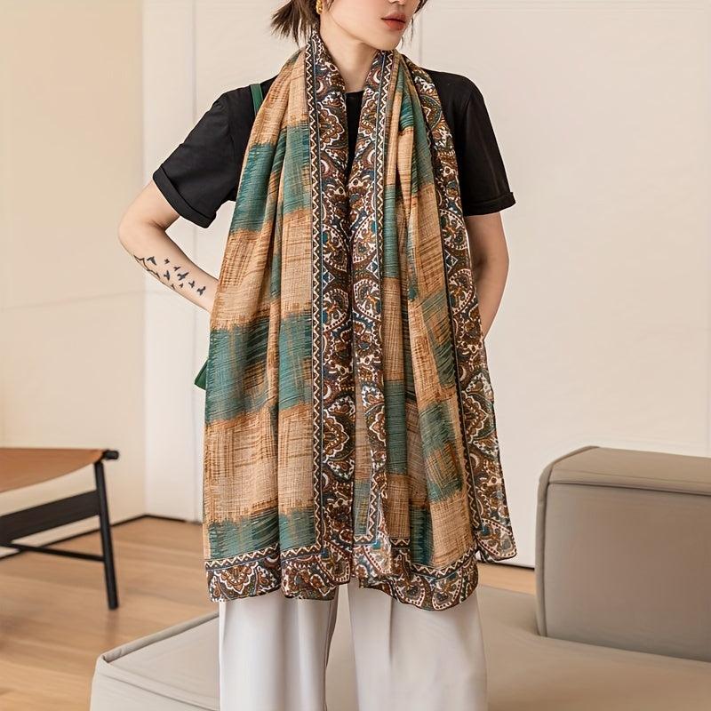 Vintage Plaid Print Scarf Large Shawl Boho Paisley Print Cape