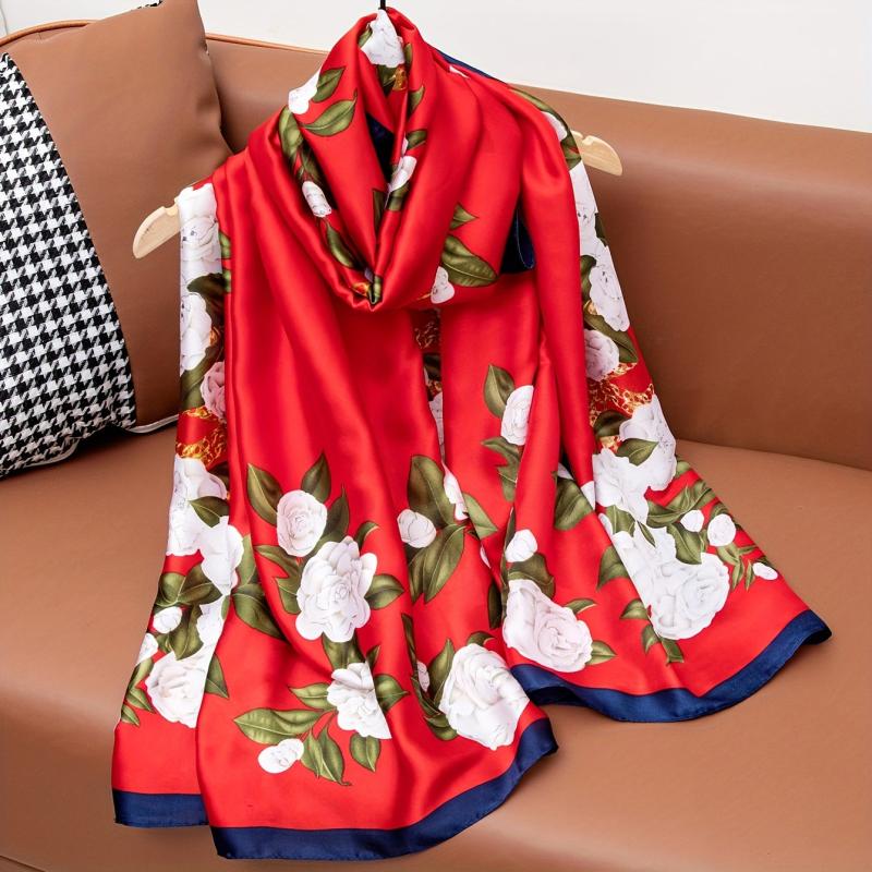 Rose Print Satin Scarf Shawl for Windproof Style