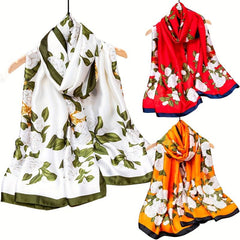 Rose Print Satin Scarf Shawl for Windproof Style