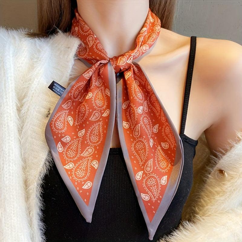 Red Paisley Print Skinny Scarf Silk Hair Ribbon Satin Neckerchief