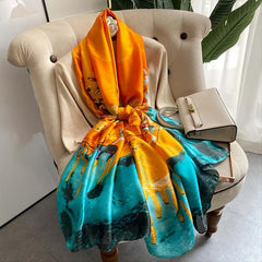 Peacock Floral Silk Satin Large Scarf