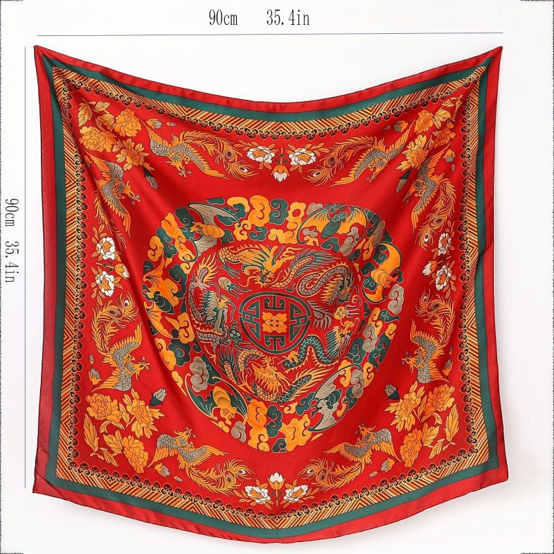 Phoenix Flower Print Scarf Satin Large Shawl Bandana Boho Head Wrap