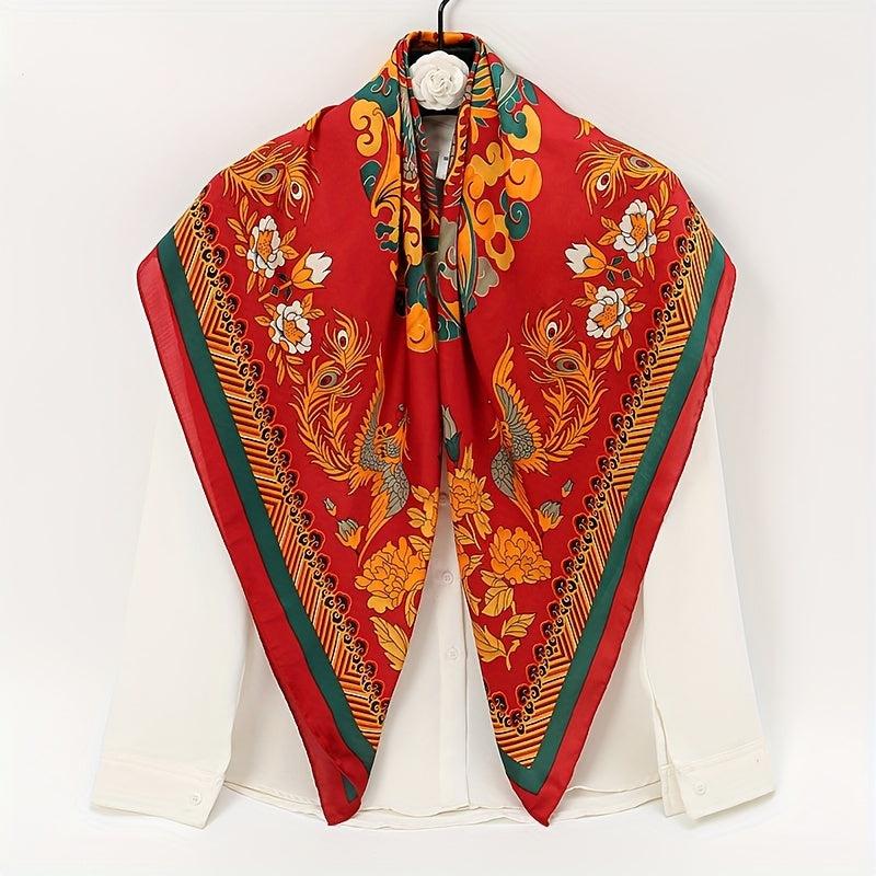 Phoenix Flower Print Scarf Satin Large Shawl Bandana Boho Head Wrap