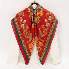 Phoenix Flower Print Scarf Satin Large Shawl Bandana Boho Head Wrap