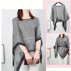 Gray Printed Large Shawl Silk Loose Pullover Shawl Windproof Sunscreen Cape