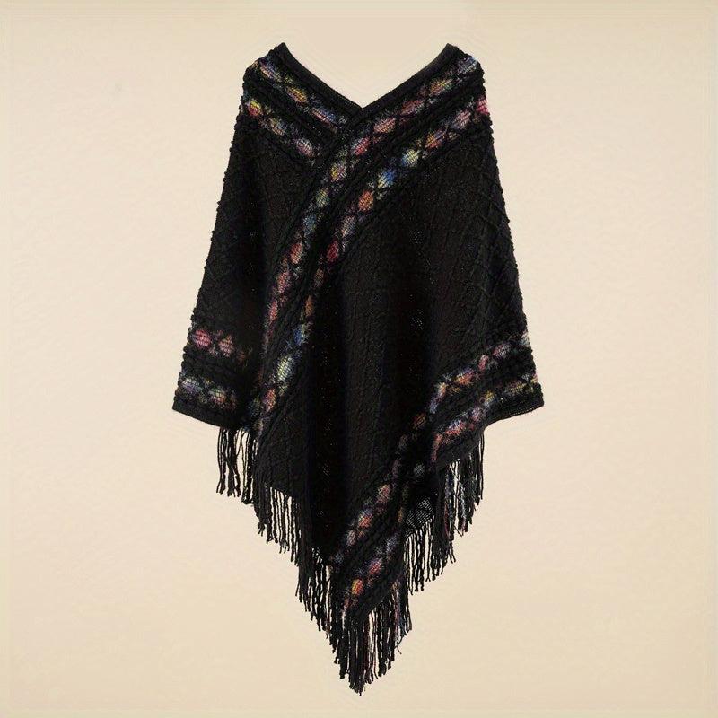 Large Woven Fringed Shawl Wrap Windproof Cape