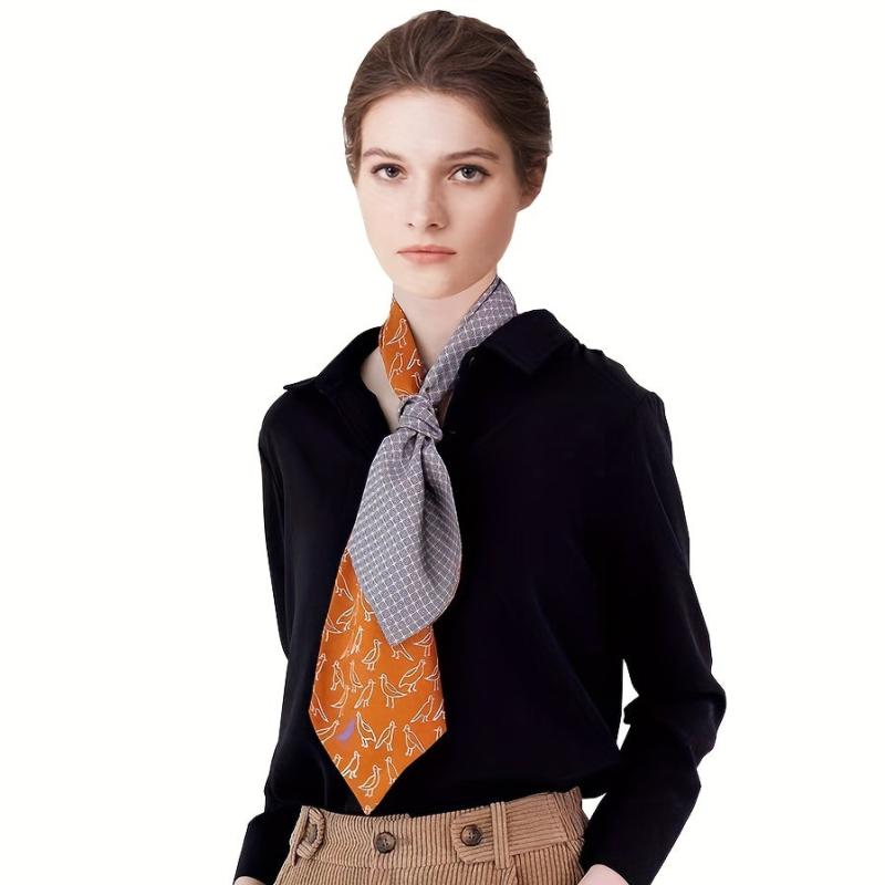 Geometric Print Skinny Scarf Reversible Ribbon Neckerchief Satin Scarves