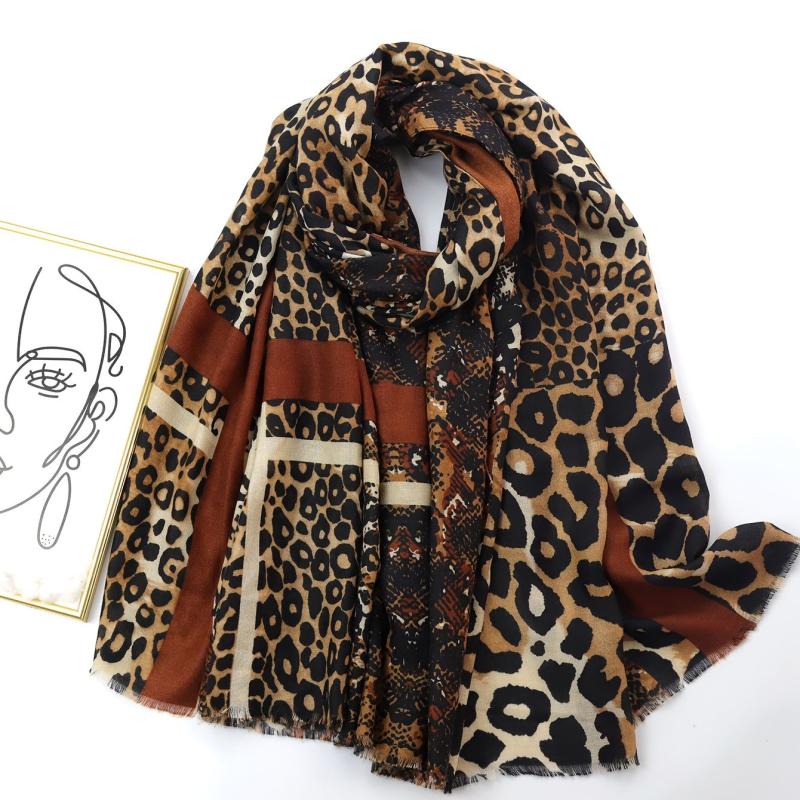 Leopard Pattern Thin Scarf Shawl Vintage Raw Edge Scarf Casual Wrap
