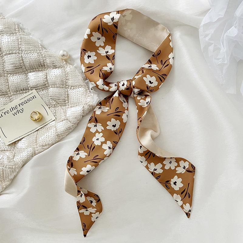 Floral Print Skinny Scarf Silk Hair Ribbon Boho Satin Neckerchief