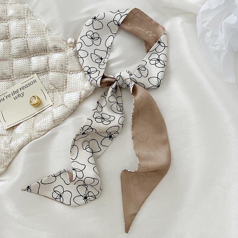 Floral Print Skinny Scarf Silk Hair Ribbon Boho Satin Neckerchief
