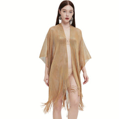 Solid Tassel Shawl Bikini Cover Up Women Sunscreen Cape Cardigan