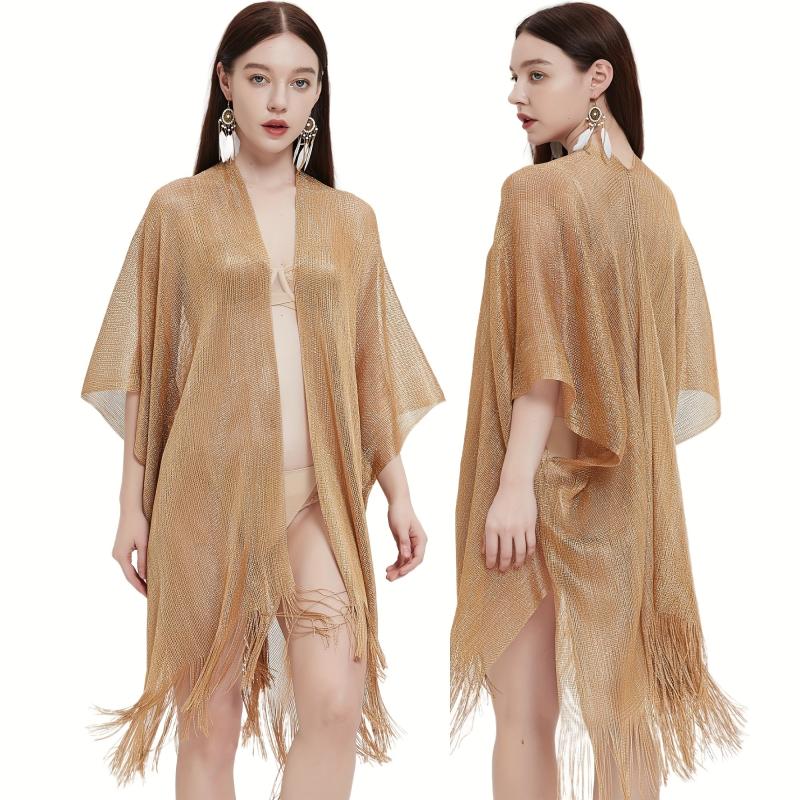 Solid Tassel Shawl Bikini Cover Up Women Sunscreen Cape Cardigan