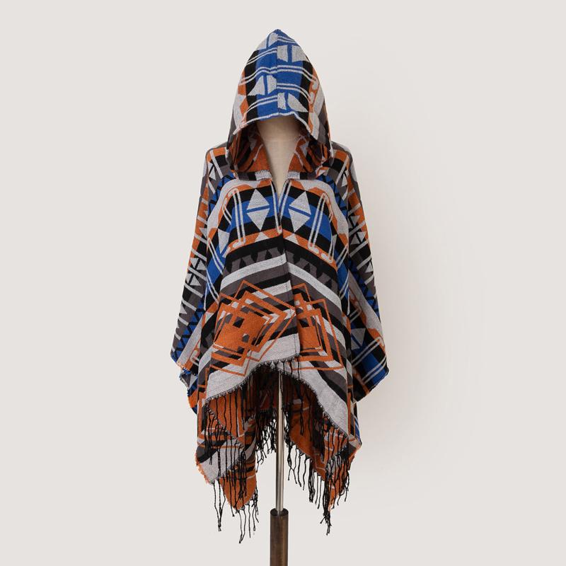 Vintage Geometric Plaid Shawl Scarf Blanket Wrap Dual Purpose Hooded Cloak