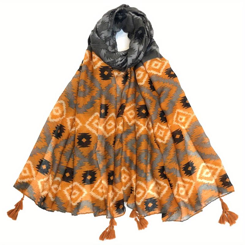 Vintage Geometric Print Scarf Boho Block Tassel Shawl Casual Windproof Head Wrap