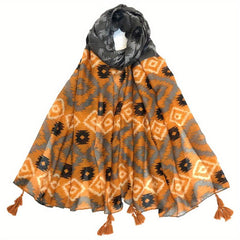 Vintage Geometric Print Scarf Boho Block Tassel Shawl Casual Windproof Head Wrap