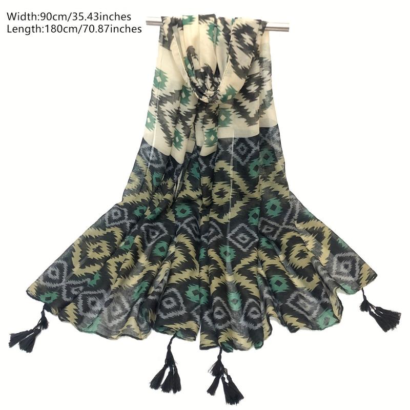 Vintage Geometric Print Scarf Boho Block Tassel Shawl Casual Windproof Head Wrap