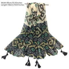 Vintage Geometric Print Scarf Boho Block Tassel Shawl Casual Windproof Head Wrap