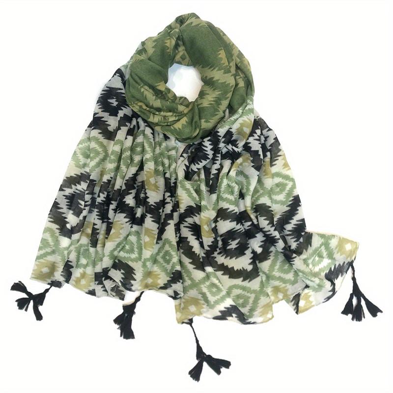 Vintage Geometric Print Scarf Boho Block Tassel Shawl Casual Windproof Head Wrap