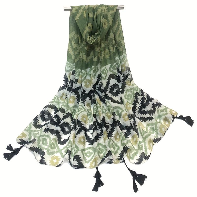 Vintage Geometric Print Scarf Boho Block Tassel Shawl Casual Windproof Head Wrap