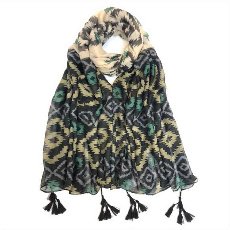 Vintage Geometric Print Scarf Boho Block Tassel Shawl Casual Windproof Head Wrap