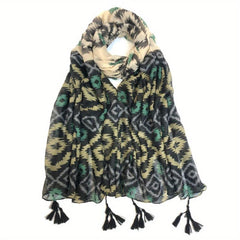 Vintage Geometric Print Scarf Boho Block Tassel Shawl Casual Windproof Head Wrap