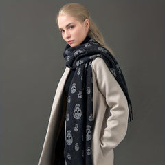 Skull Print Fringe Trim Scarf Warm Shawl Scarf Wrap