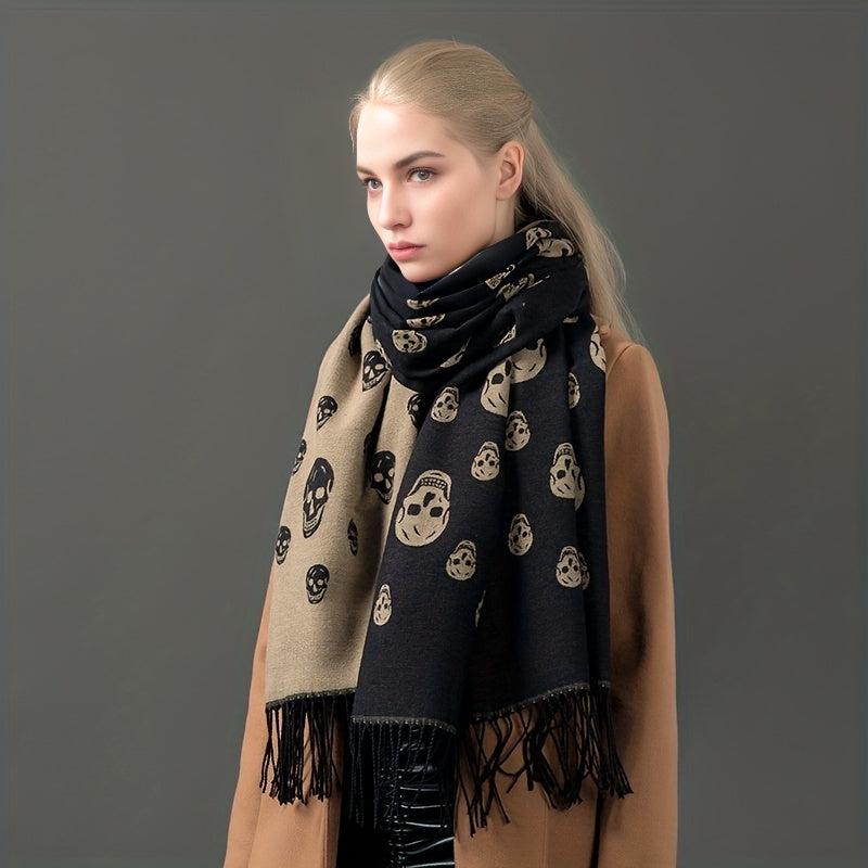 Skull Print Fringe Trim Scarf Warm Shawl Scarf Wrap