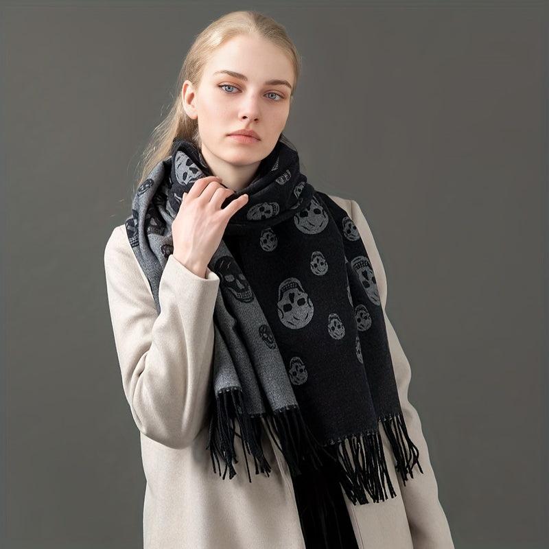 Skull Print Fringe Trim Scarf Warm Shawl Scarf Wrap