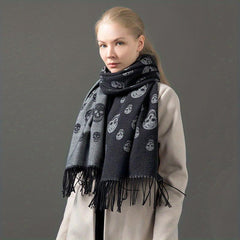 Skull Print Fringe Trim Scarf Warm Shawl Scarf Wrap