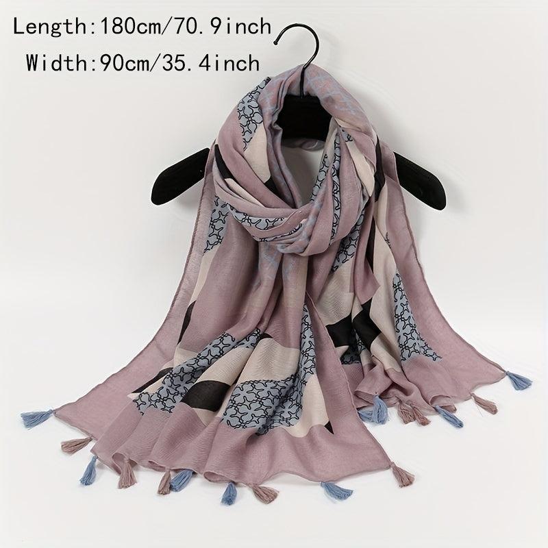 Vintage Plaid Tassel Scarf Dark Pink Shawl Boho Head Wrap